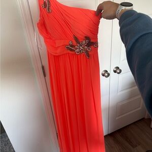 Jodi Kristopher One-Shoulder Coral Prom Gown with Beaded Waist